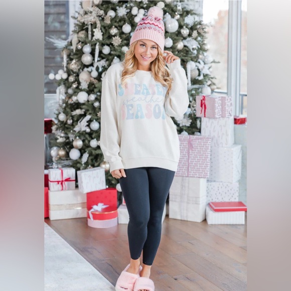 •PINK LILY•NWOT IVORY SWEATER WEATHER SEASON CORDED OVERSIZED GRAPHIC SIZE LARGE - Picture 1 of 10